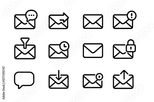 Email icon set: communication symbols in minimalistic linear style