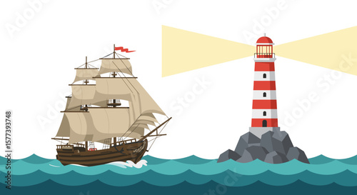 Sailing ship and lighthouse on a sea adventure with waves