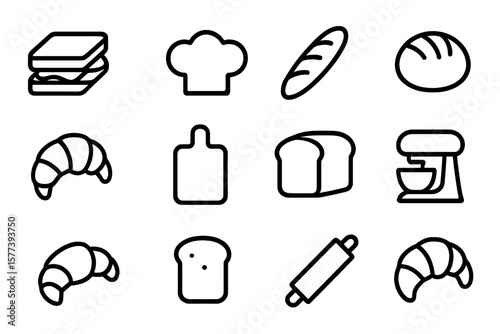 Bakery icons collection: bread, pastry, and baking tools in modern minimalist design