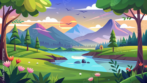 Vector art of a picturesque cartoon landscape features a winding river flowing through green hills and towering mountains under a vibrant sky with birds