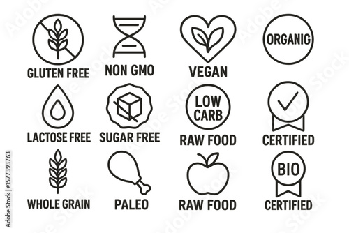Simple icons for gluten-free, vegan, and organic food labels on dark background