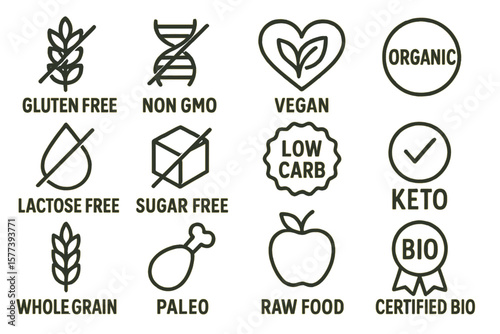 Set of organic and health food icons in linear style for labels and packaging