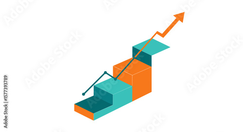 Isometric bar chart with rising arrow on colorful blocks