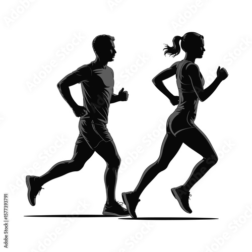 Silhouette illustration of a running man and woman in athletic training together