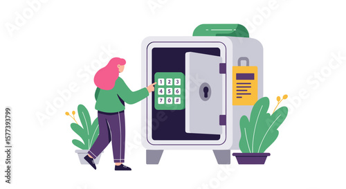 Woman accessing secure safe with digital lock code in flat art style