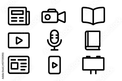Media icons set: simple black outline design for multimedia applications