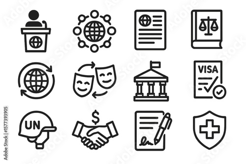International relations and global policy line icons set