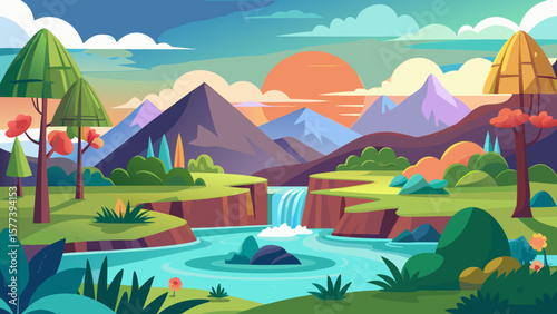 Vector art of a vibrant cartoon landscape features mountains, a flowing river with a waterfall, and lush green trees under a bright sun