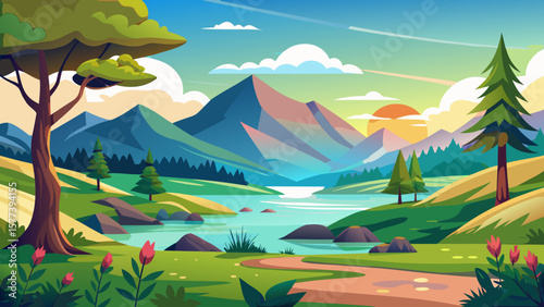 Vector art of a serene cartoon landscape showcases mountains, a tranquil lake, and verdant trees beneath a sunny sky with scattered clouds