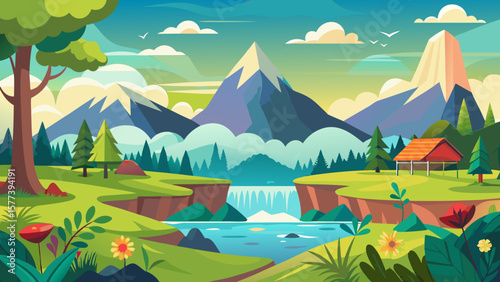 Vector art of a picturesque cartoon landscape features mountains, a cascading waterfall, and vibrant greenery under a partly cloudy sky