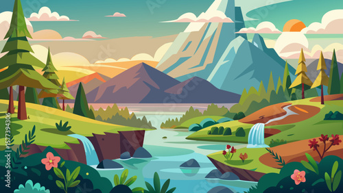 Vector art of a picturesque mountain landscape with a flowing river and cascading waterfall surrounded by lush greenery