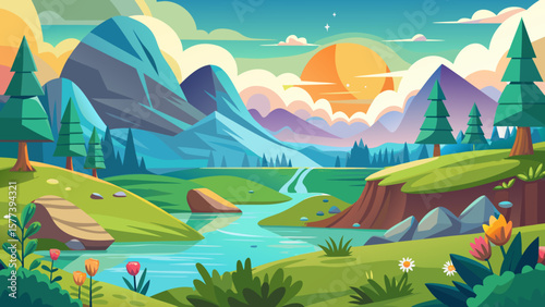 Vector art of a vibrant cartoon landscape featuring rolling green hills, a winding river, and majestic mountains under a bright, sunny sky with scattered clouds