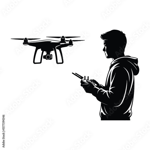 Silhouette of a drone pilot controlling a drone in flight aerial photography technology concept