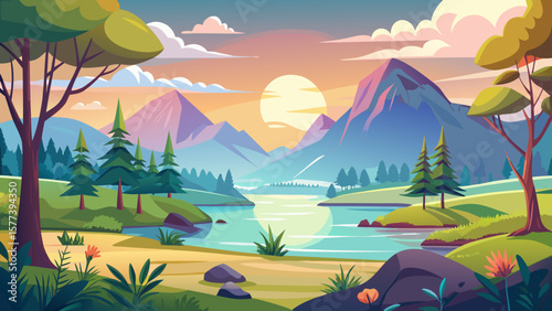 Vector art of a breathtaking mountain vista with a calm lake reflecting the colorful sky at sunset