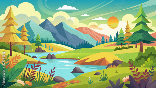 Vector art of a vibrant cartoon landscape featuring a winding river flowing through rolling hills and majestic mountains
