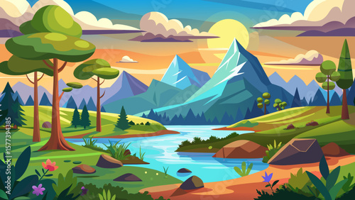 Vector art of a colorful cartoon landscape showcasing a serene river flowing through a mountainous region at sunset