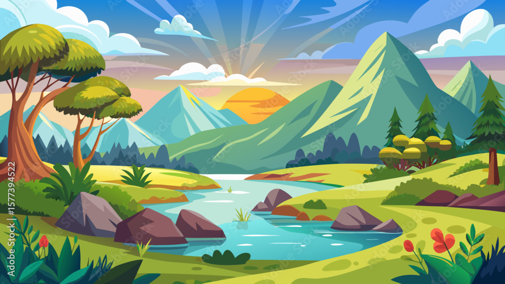 Obraz premium Vector art of a vibrant cartoon landscape features a winding river flowing through lush green hills and towering mountains under a bright, sunny sky