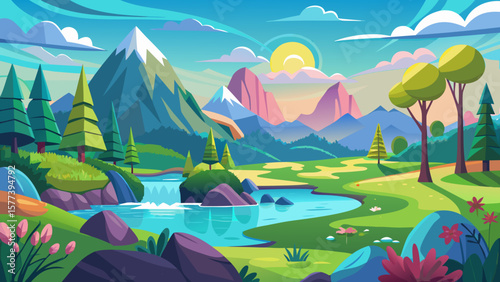 Vector art of a colorful cartoon landscape depicts a serene river flowing between mountains and green hills under a partly cloudy sky with the sun shining