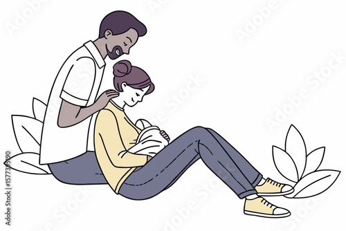 Vector Illustration of a Father Supporting a Breastfeeding Mother in a Calm Family Scene
