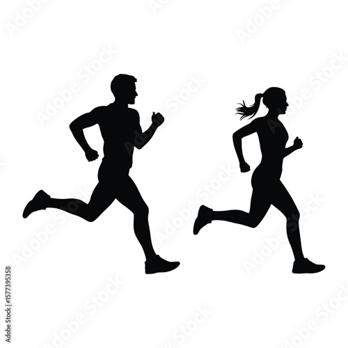 Silhouette of running man and woman exercising together in a simple black and white design