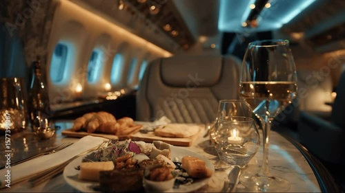Luxurious dining experience with gourmet food in private jet cabin  