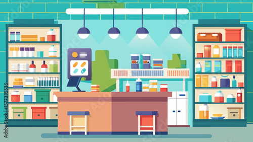 Vector art of a colorful cartoon illustration shows the interior of a pharmacy with shelves stocked with various products and a clean, modern design