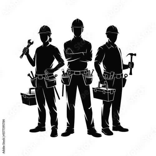 Silhouetted construction workers with tools representing building renovation repair and maintenance