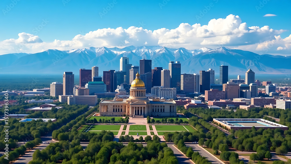 Obraz premium Denver Colorado Skyline with State Capitol Building and Mountains