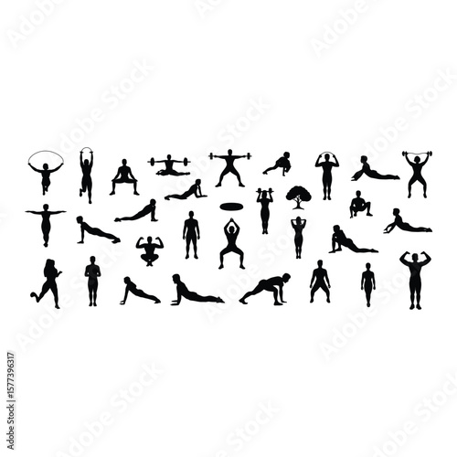 Silhouettes of people exercising and working out representing various fitness activities and poses