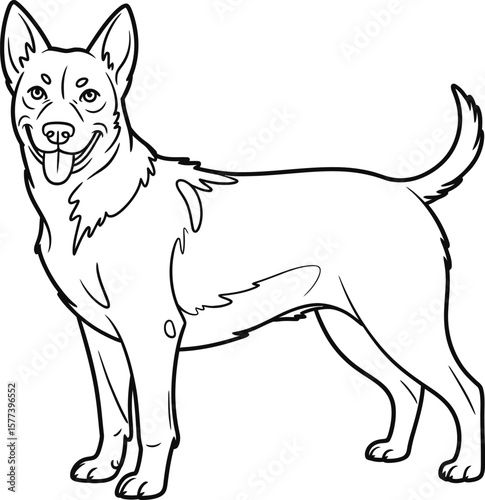 A stylized, black and white line drawing of a dog, likely a mixed breed.