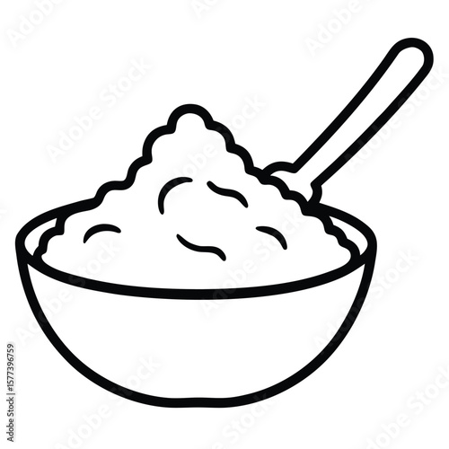 Stylized outline illustration of a comforting bowl of creamy mashed potatoes perfect for food blogs and culinary designs