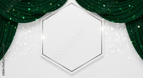 Emerald Green Curtains with Hexagon Frame and Bokeh Lights Background