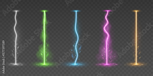 Set of multicolored vertical energy lightning bolts with glowing and sparkling effects. Realistic magic electric beams for video games, VFX, futuristic or fantasy themes. Vector illustration.