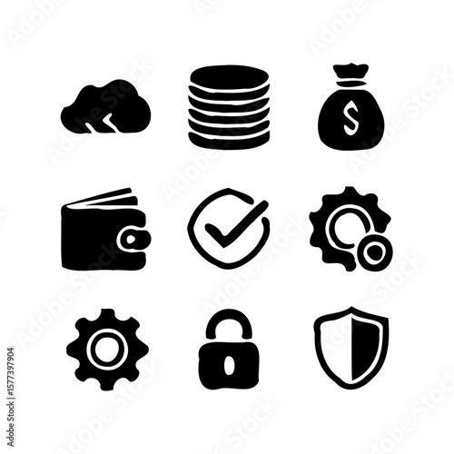Vector icon set of cloud storage, finance, wallet, settings, checkmark, lock and shield for fintech and business apps
