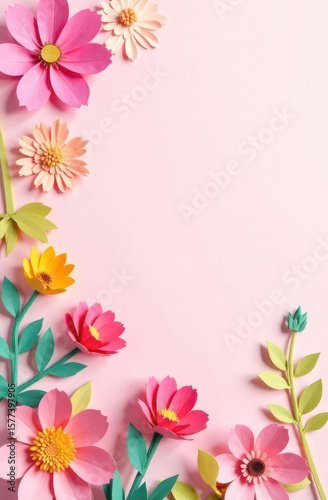 colorful paper flowers arranged on light pink background with copy space. vibrant spring theme suitable for greeting card, poster, invitation, craft projects.