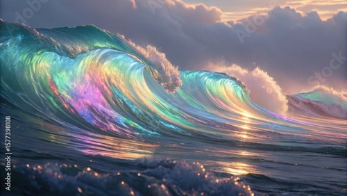 Iridescent ocean wave reflecting rainbow colors