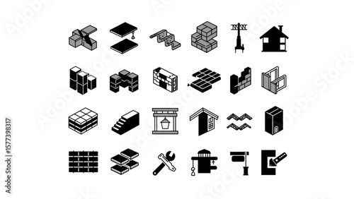 Monochrome Construction and Building Element Pictograms A Minimalist Vector Collection Depicting Architectural Components, Tools, and Structural Symbols for Design