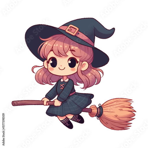 Cute Little Witch Flying On Broom  vector illustration isolated on white background