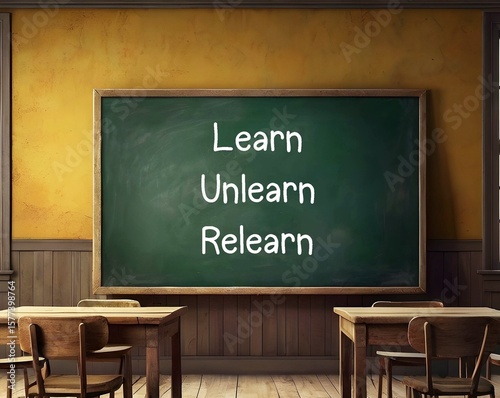School chalkboard with handwritten text Learn Unlearn Relearn - Knowing to discard learned outdated knowledge or skills or fake information and ready to relearn new ones
