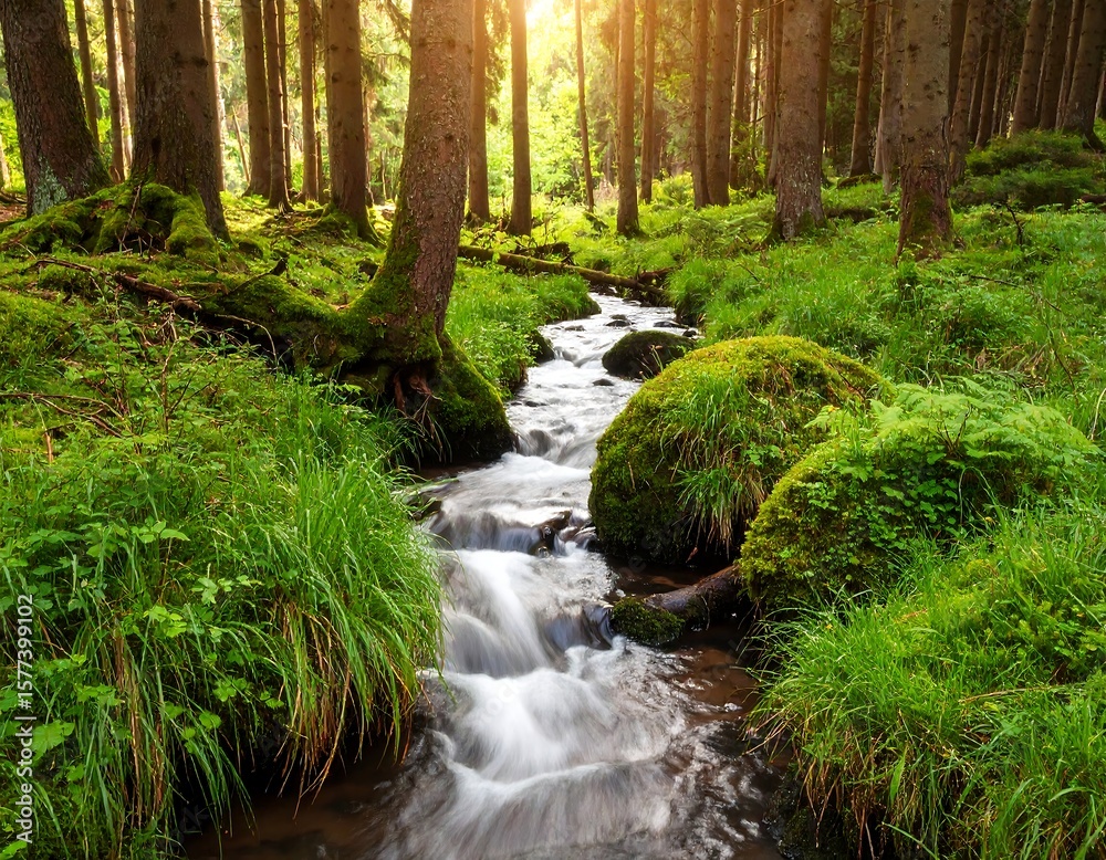 Obraz premium Sunlit forest stream (1)
