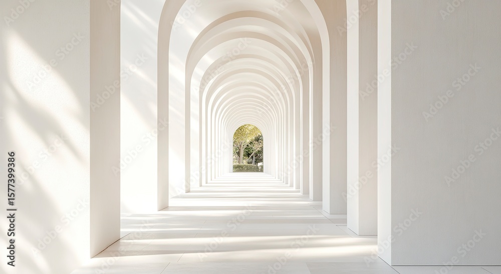 Fototapeta premium 3D render of white arches in perspective, white background, sunlight, minimalistic style, long corridor, architectural interior design, archetypal architecture, arches and pillars. 