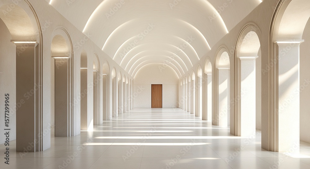 Naklejka premium 3D render of white arches on the background, a long corridor with arches, a perspective view, light and shadow, minimalistic. 