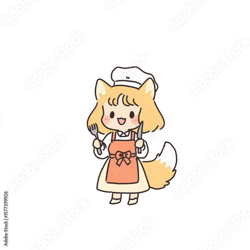 きつねの耳としっぽがある女の子がナイフとフォークを持っているイラスト、アイコン、素材、背景なし
