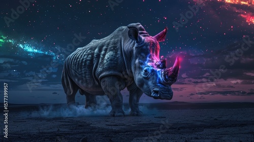 giant rhino elephant monster with black glowing scary eyes and sccent on a black sand dessert with rainbow stars in the sky,