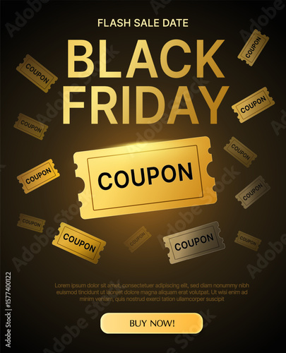 Black Friday sale banner template with unlimited golden coupons flying, isolated on dark background with yellow light effect. Black Friday discount banner in 3d vector. Vector illustration