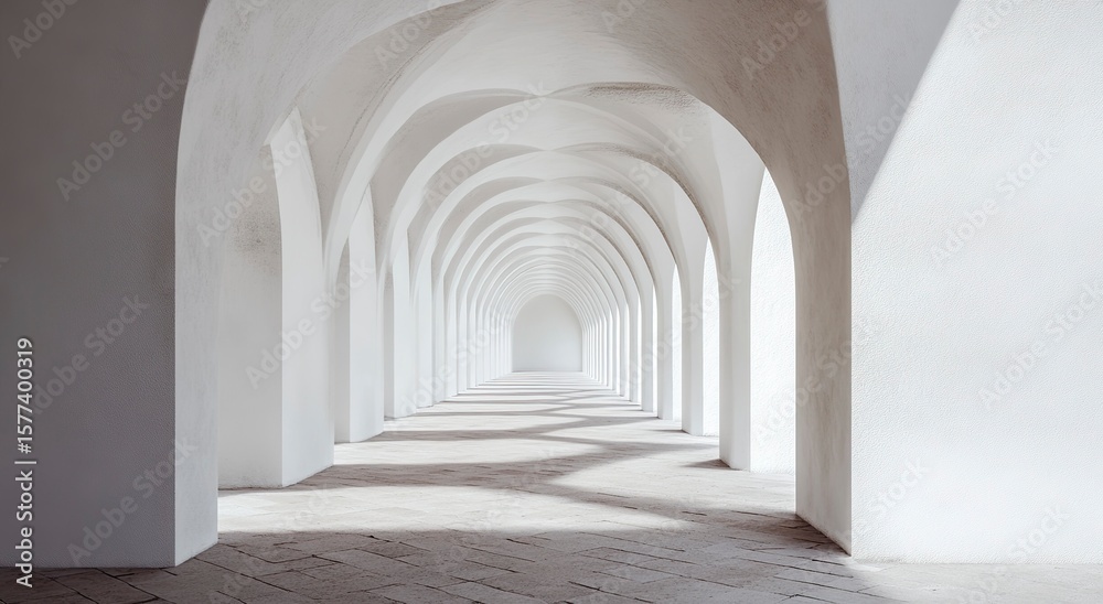 Fototapeta premium 3D render of white arches on the background, a long corridor with arches, a perspective view, light and shadow, minimalistic. 