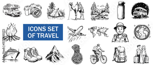 Travel icon set with diverse activities and elements, vector icons in sketch style travel