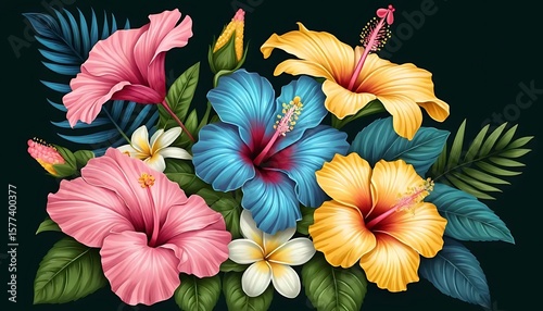 Vibrant floral arrangement of hibiscus and plumeria blossoms in a variety of colors against a dark background.