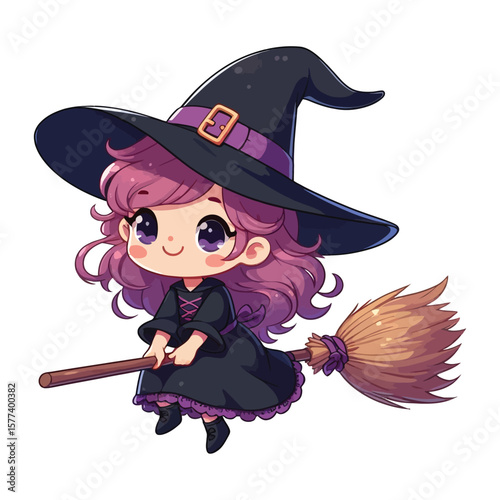 Cute Little Witch Flying On Broom  vector illustration isolated on white background