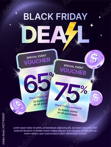 Black Friday deal sale banner template with hologram gift vouchers, coupon code, percentage off, isolated on dark background with coins flying around. Black Friday discount event in 3d vector. Vector